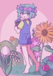  1boy antenna_hair barefoot basil_(headspace)_(omori) basil_(omori) blue_overalls blush cactus flower flower_pot full_body gladiolus green_eyes green_hair green_shirt head_wreath holding holding_flower_pot lily_of_the_valley looking_at_viewer male_focus mewowem_omo omori open_mouth overall_shorts overalls plant potted_plant red_flower red_rose rose shirt short_hair short_sleeves smile solo sunflower t-shirt teeth tulip upper_teeth_only 