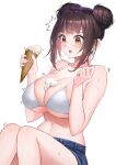  1girl bare_shoulders bikini blue_shorts blunt_bangs blush breasts brown_eyes brown_hair chestnut_mouth cleavage collarbone double_bun food food_on_body food_on_breasts hair_bun highres holding holding_food ice_cream ice_cream_cone jchoy large_breasts looking_down motion_lines navel notice_lines open_mouth original raised_eyebrows short_hair short_shorts shorts simple_background sitting solo swimsuit white_background white_bikini 