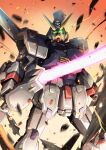 absurdres arms_at_sides beam_saber commentary crossbone_gundam crossbone_gundam_x-1 crossbone_vanguard debris embers feet_out_of_frame glowing glowing_eyes green_eyes gundam highres holding holding_sword holding_weapon insignia looking_at_viewer mecha mecha_focus mobile_suit motion_blur no_humans robot science_fiction skull_and_crossbones solo standing sword troy_(oxaa01ex) v-fin weapon 