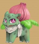  brown_background commentary creature english_commentary fangs full_body gen_1_pokemon ivysaur madcookiefighter no_humans pink_eyes pokemon pokemon_(creature) scarf simple_background solo standing white_scarf 