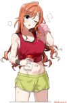  1girl abs arisugawa_natsuha bare_shoulders breasts cleavage eyebrows_visible_through_hair groin hair_between_eyes idolmaster idolmaster_shiny_colors long_hair navel one_eye_closed orange_hair red_tank_top shisoneri shorts simple_background solo sports_bra sweat towel twitter_username white_background 