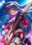  1girl :d black_gloves black_hair black_jacket black_shorts braid breasts cabbie_hat commentary_request cropped_jacket electric_guitar fishnet_legwear fishnets fukuro_ko_(greentea) gloves guitar hat highres hip_vent holding holding_instrument honkai_(series) honkai_impact_3rd instrument jacket leg_up long_hair looking_at_viewer medium_breasts midriff open_clothes open_jacket open_mouth partly_fingerless_gloves purple_eyes raiden_mei shirt shoes short_shorts short_sleeves shorts smile solo two_side_up very_long_hair white_shirt 