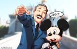  2015 5_fingers anthro artistabe black_nose blurred_background brown_eyes clothing dialogue disney disney_parks disneyland facial_hair fingers gloves grey_hair hair handwear human male mammal mickey_mouse mouse murid murine mustache necktie open_mouth open_smile partners_(statue) photo_background rodent round_ears sleeping_beauty_castle smile speech_bubble suit text walt_disney white_clothing white_gloves 