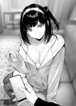  1boy 1girl bangs blush breasts brother_and_sister cellphone cleavage couch eyebrows_visible_through_hair gentsuki greyscale hairband highres hood hooded_jacket jacket living_room looking_at_viewer monochrome naked_coat original phone pov siblings side_ponytail sitting sleeves_past_wrists smartphone smile thighhighs 