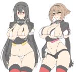  2girls alternate_costume areola_slip areolae bangs bikini_top black_hair black_legwear black_panties blush breasts brown_hair closed_mouth elbow_gloves eyebrows_visible_through_hair gloves hair_between_eyes hairband harukon_(halcon) heart highleg highleg_panties highres huge_breasts kantai_collection large_breasts long_hair looking_at_viewer micro_shorts multiple_girls mutsu_(kantai_collection) nagato_(kantai_collection) navel panties partly_fingerless_gloves red_eyes short_hair shorts simple_background thighhighs underwear white_background white_shorts yellow_eyes 