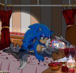  5_fingers 5_toes bed big_breasts blue_body blue_fur breasts canid canine canis clothing eulipotyphlan female fingers fur furniture gloves green_eyes grey_body grey_fur half-closed_eyes handwear hedgehog kissing legwear lingerie male male/female mammal narrowed_eyes nipples on_bed sonic_the_hedgehog sonic_the_hedgehog_(series) the_knight tk_the_wolf toes wolf 