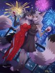  2020 4_toes 5_fingers anthro canid canine clothed clothing detailed_background digital_media_(artwork) duo eyebrows eyelashes felid feline female fingers fox hi_res ketty mammal night outside red_eyes sky smile star starry_sky toes 