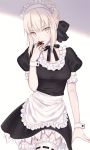  1girl apron artoria_pendragon_(all) bangs black_bow black_dress black_ribbon blonde_hair blush bow braid breasts chocolate choker dress fate/stay_night fate_(series) food french_braid frilled_choker frills fruit hair_between_eyes hair_bow highres long_hair looking_at_viewer maid maid_headdress meltymaple neck_ribbon pale_skin puffy_short_sleeves puffy_sleeves ribbon saber_alter short_sleeves sidelocks small_breasts solo strawberry tasting thighhighs thighs tongue tongue_out waist_apron white_apron wrist_cuffs yellow_eyes 