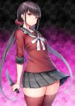  1girl bangs black_hair black_legwear breasts closed_mouth cowboy_shot danganronpa ear_piercing hair_ornament hair_scrunchie hairpin harukawa_maki highres holding holding_weapon knife long_hair looking_at_viewer low_twintails miniskirt new_danganronpa_v3 piercing pleated_skirt red_eyes school_uniform scrunchie skindentation skirt small_breasts solo thighhighs tsukumiya_amane twintails very_long_hair weapon 