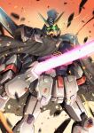  absurdres arms_at_sides beam_saber black_cape cape commentary crossbone_gundam crossbone_gundam_x-1 crossbone_vanguard debris embers feet_out_of_frame glowing glowing_eyes green_eyes gundam highres holding holding_sword holding_weapon insignia looking_at_viewer mecha mecha_focus mobile_suit motion_blur no_humans robot science_fiction skull_and_crossbones solo standing sword troy_(oxaa01ex) v-fin weapon 