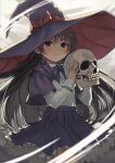  1girl black_hair blush bow capelet closed_mouth cowboy_shot frilled_skirt frills hat hat_bow highres jchoy long_hair long_sleeves looking_at_viewer original purple_capelet purple_eyes purple_hat purple_skirt red_bow shirt skirt skull_ornament solo very_long_hair visible_air white_shirt witch witch_hat 
