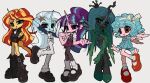  5girls :d aqua_eyes aqua_hair arm_up black_footwear black_hat black_jacket black_pantyhose black_ribbon black_shorts black_skin blonde_hair blue_dress blue_hair blue_shirt blue_skin boots bow_hairband character_request closed_mouth colored_sclera colored_skin crown curly_hair dot_nose dress eyeshadow freckles full_body green_eyes green_eyeshadow green_sclera green_shirt green_skirt grey_background hair_between_eyes hair_ornament hairband hands_on_own_hips hat high_ponytail highres jacket jwnn knee_boots long_hair long_sleeves looking_at_viewer makeup mary_janes medium_hair miniskirt multicolored_hair multiple_girls my_little_pony my_little_pony:_equestria_girls my_little_pony:_friendship_is_magic neck_ribbon necktie open_clothes open_jacket open_mouth orange_eyes orange_footwear pants pantyhose pink_skin pink_skirt pleated_skirt ponytail purple_eyes purple_hair purple_necktie queen_chrysalis raised_eyebrow red_hair ribbon shirt shoes short_shorts short_sleeves shorts simple_background skirt smile socks standing standing_on_one_leg star_(symbol) star_hair_ornament starlight_glimmer starlight_glimmer_(equestria_girls) streaked_hair sunset_shimmer sunset_shimmer_(human) teeth trixie_lulamoon trixie_lulamoon_(equestria_girls) two-tone_hair unicorn_girl unicorn_horn upper_teeth_only v-shaped_eyebrows very_long_hair vest white_hair white_hairband white_pants white_shirt white_socks white_vest wings 