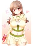  1girl :o arms_behind_back bangs blush breasts brown_hair collarbone cowboy_shot eyebrows_visible_through_hair gift head_tilt heart holding holding_gift kantai_collection large_breasts long_hair long_sleeves looking_at_viewer midriff miniskirt navel neckerchief ooi_(kantai_collection) parted_lips pleated_skirt red_eyes red_ribbon revision ribbon rui_shi_(rayze_ray) school_uniform serafuku shirt skirt solo speech_bubble spoken_blush valkyrie white_neckwear yellow_shirt yellow_skirt 