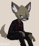  2019 aggressive_retsuko anthro brown_body brown_fur bukoya-star clothed clothing fully_clothed fur haida hi_res hyaenid inner_ear_fluff mammal sanrio simple_background sitting solo spotted_hyena tan_background tuft 