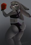  2019 anthro big_butt bite biting_lip biting_own_lip bottomwear boxing boxing_gloves bra breasts butt clothed clothing dipstick_ears disney female fur grey_background grey_body grey_fur handwear hi_res judy_hopps lagomorph leporid looking_at_viewer looking_back mammal multicolored_ears presenting presenting_hindquarters purple_eyes rabbit rear_view self_bite shorts simple_background smile solo sport standing teeth thick_thighs topwear underwear unfinishedheckery wide_hips zootopia 