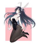  1girl :o animal_ears bare_shoulders black_footwear black_hair black_leotard black_pantyhose blush breasts brown_eyes cleavage covered_navel detached_collar fake_animal_ears fake_tail full_body hairband high_heels highres jchoy large_breasts leotard long_hair looking_at_viewer midair necktie original pantyhose parted_lips pink_background playboy_bunny rabbit_ears rabbit_tail red_necktie solo strapless strapless_leotard tail two-tone_background very_long_hair white_background white_hairband wrist_cuffs 