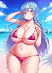  1girl :p ahoge beach between_breasts bikini blue_hair blue_sky blush breasts cowboy_shot curvy day food hair_ornament hairclip halter_top halterneck highres huge_breasts long_hair looking_at_viewer original outdoors plump popsicle red_bikini red_eyes skindentation sky smile solo sweat swimsuit tongue tongue_out tsukumiya_amane two_side_up very_long_hair 