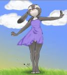  3_toes alec8ter animated anthro barefoot clothed clothing cloud davefluffy disney dress edit eyes_closed feet female fur grass grey_body grey_fur judy_hopps lagomorph leporid mammal outside panties rabbit rt_pilon short_playtime sky smile solo standing sundress toes underwear zootopia 
