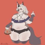  absurd_res anthro belly big_belly breasts camel_toe canid canid_demon canine clothed clothing demon fast_food fat_thighs female food footwear fupa fur gesture gloves grey_body grey_fur hair hand_gesture handwear hellhound helluva_boss hi_res legwear loona_(helluva_boss) luminared mammal middle_finger midriff mythological_canine mythological_creature mythology overweight overweight_female paper_bag red_eyes silver_hair skimpy skindentation socks solo thick_thighs thigh_highs thigh_socks tight_clothing tongue tongue_out under_boob undersized_clothing white_body white_fur wide_hips 