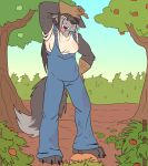  anthro barefoot black_body black_fur bodily_fluids breasts canid canine canis clothed clothing drooling female fuf fur gardening gloves handwear hi_res mammal one_eye_closed open_mouth outside overalls saliva slightly_chubby solo sweat tongue tongue_out tree wolf 