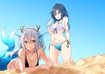  2girls :d absurdres beach bikini black_bikini black_hairband blue_background blue_bikini blue_eyes blue_sky bottle breasts closed_mouth coral coral_hair_ornament fang gradient gradient_background green_eyes grey_hair hairband head_fins highres holding kneeling large_breasts long_hair looking_at_viewer matsunoki_(unknown_751) mermaid monster_girl multiple_girls navel open_mouth original ponytail sand side-tie_bikini sky smile swimsuit water_bottle white_hair 