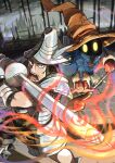  2boys absurdres adelbert_steiner armor armored_boots black_eyes black_mage_(final_fantasy) blue_coat boots brown_gloves brown_hat chainmail coat commentary final_fantasy final_fantasy_ix gloves glowing glowing_eyes hat helmet highres holding holding_staff holding_sword holding_weapon long_sleeves looking_at_viewer male_focus multiple_boys open_mouth staff standing sword symbol-only_commentary vivi_ornitier watawata22 weapon 