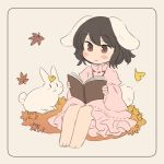  1girl animal_ears autumn_leaves barefoot black_hair blush_stickers book border bunny bunny_ears bunny_tail commentary_request dress falling_leaves frills ginkgo_leaf holding holding_book inaba_tewi inazakura00 leaf leaf_on_head long_sleeves pink_dress reading short_hair sitting smile tail touhou wide_sleeves 