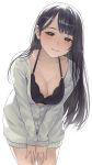  1girl bikini black_bikini black_eyes black_hair blush breasts cleavage closed_mouth collarbone cowboy_shot highres jacket jchoy large_breasts leaning_forward long_hair long_sleeves looking_at_viewer no_pants open_clothes open_jacket original simple_background smile solo swimsuit v_arms very_long_hair white_background white_jacket 