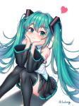  1girl :3 bare_shoulders black_legwear black_skirt black_sleeves blush closed_mouth commentary_request feet_out_of_frame glowing green_eyes green_hair hair_ornament hands_on_own_face hands_up hatsune_miku heart highres kk_(aky2374) knees_together_feet_apart knees_up long_hair looking_at_viewer pleated_skirt shadow shirt sitting skirt sleeveless sleeveless_shirt solo thighhighs twintails twitter_username very_long_hair vocaloid white_background white_shirt wide_sleeves 