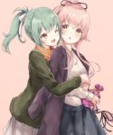  2girls absurdres alternate_costume blush brown_eyes green_hair green_jacket hair_flaps hair_ornament hair_ribbon highres hug hug_from_behind jacket kantai_collection long_hair looking_at_viewer multiple_girls one_eye_closed open_mouth pink_hair pleated_skirt ponytail purple_coat remodel_(kantai_collection) ribbon sa-ya2 side_ponytail skirt smile sweater very_long_hair white_sweater yura_(kantai_collection) yuubari_(kantai_collection) 