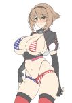  1girl alternate_costume american_flag american_flag_print areola_slip areolae bangs bikini_top black_legwear black_panties blush breasts brown_hair closed_mouth elbow_gloves eyebrows_visible_through_hair flag_print gloves hair_between_eyes hairband harukon_(halcon) highleg highleg_panties highres kantai_collection large_breasts looking_at_viewer micro_shorts mutsu_(kantai_collection) navel panties partly_fingerless_gloves short_hair shorts simple_background solo thighhighs underwear white_background white_shorts yellow_eyes 