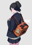  1girl absurdres back backpack bag beige_sweater black_hair blazer blue_background blush book cable commentary_request cowboy_shot fami_(yellow_skies) game_console gamecube gamecube_controller highres holding holding_bag in_pocket jacket long_hair neck_ribbon nintendo orange_backpack original pink_neckwear pleated_skirt ponytail ribbon school_uniform shiny shiny_hair simple_background skirt sleeves_past_wrists sweater 