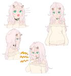  1girl choker closed_mouth dot_nose dress green_eyes hair_between_eyes hand_up highres horns long_sleeves looking_at_viewer multiple_views nagisa_kurousagi open_mouth original pink_hair simple_background solo sweater sweater_dress white_background 