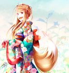  1girl animal_ears brown_hair floral_print fudo_shin highres holo japanese_clothes kimono long_hair obi orange_hair print_kimono red_eyes red_kimono sash spice_and_wolf tail wolf_ears wolf_girl wolf_tail yukata 