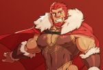  armor bara beard biceps breastplate cape censored cheschirebacon chest facial_hair fate/grand_order fate_(series) fur_collar leather looking_to_the_side male_focus muscle nipples pectorals red_eyes red_hair rider_(fate/zero) simple_background smile teeth upper_body veins 