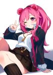  1girl animal_ears bear_ears black_jacket black_socks blush breasts brown_skirt camisole commentary_request copyright_request feet_out_of_frame giryung grin hand_up highres jacket knee_up korean_commentary kutata long_hair long_sleeves looking_at_viewer medium_breasts one_eye_closed open_clothes open_jacket pink_hair pinstripe_socks pleated_skirt puffy_long_sleeves puffy_sleeves purple_eyes simple_background skirt smile socks solo v very_long_hair virtual_youtuber white_background white_camisole 