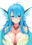  1girl ahoge blue_eyes blue_hair blush breasts cleavage closed_mouth collarbone eyebrows_visible_through_hair head_fins huge_breasts jewelry long_hair looking_at_viewer matsunoki_(unknown_751) mermaid monster_girl necklace original simple_background smile solo white_background 