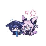  >_< 1boy 1girl :< angry animal_ears arm_up armlet asymmetrical_gloves bat_ears bat_wings black_gloves black_hair black_leotard black_sleeves black_undershirt blue_eyes blue_scarf blunt_ends blunt_tresses braid bright_pupils cape_grab chibi citlali_(genshin_impact) closed_mouth clothes_grab ears_down elbow_gloves facial_hair feather_hair_ornament feathers fingerless_gloves floating_hair_ornament genshin_impact glove_belt gloves gradient_hair grandmother_and_grandson hair_intakes hair_ornament hair_rings hair_tubes hand_on_own_head hand_up highres holding holding_pole jacket jewelry jitome leotard multicolored_hair no_mouth open_clothes open_jacket ororon_(genshin_impact) outstretched_arms parted_bangs pink_hair pole rabbit_ears saden_meow scarf short_eyebrows short_sleeves sidelocks single_sleeve sleeveless_leotard teardrop twin_braids v-shaped_eyebrows white_background white_pupils wings 