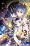  1boy aminww_amingming earrings gloves grey_hair hair_between_eyes halo halo_behind_head head_wings highres honkai:_star_rail honkai_(series) jewel_under_eye jewelry long_hair long_sleeves looking_at_viewer male_focus medium_hair piercing shirt smile solo spiked_halo sunday_(honkai:_star_rail) white_gloves white_wings wing_piercing wings yellow_eyes 
