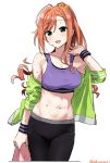  1girl abs arisugawa_natsuha armpits bare_shoulders black_legwear blush breasts cleavage collarbone eyebrows_visible_through_hair grey_eyes groin hair_between_eyes idolmaster idolmaster_shiny_colors jacket long_hair navel open_mouth orange_hair shisoneri simple_background solo sports_bra sportswear sweat sweatband white_background 