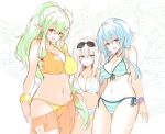  3girls blue_eyes blue_hair blush breasts cleavage eyebrows_visible_through_hair eyewear_on_head green_hair hair_ornament hairclip large_breasts long_hair looking_at_viewer matsunoki_(unknown_751) multiple_girls navel open_mouth original pointy_ears ponytail red_eyes sketch smile sunglasses white_hair 