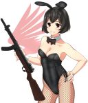  1girl absurdres animal_ears black_hair black_leotard bow bowtie breasts brown_eyes bunny_ears bunny_girl bunny_tail bunnysuit cleavage commentary_request cowboy_shot detached_collar fishnet_legwear fishnets grin gun highres kirie_(kouya_no_kotobuki_hikoutai) kouya_no_kotobuki_hikoutai leotard logo looking_at_viewer pantyhose rifle short_hair simple_background small_breasts smile solo strapless strapless_leotard tail takafumi weapon weapon_request white_background wrist_cuffs 