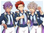  3boys aopanda black_hair blazer blue_jacket blue_sash claws closed_mouth collarbone collared_shirt crossed_bangs dark-skinned_male dark_skin ear_piercing earrings ensemble_stars! fangs gradient_necktie green_eyes grey_hair hair_between_eyes hand_on_another&#039;s_shoulder hand_on_own_hip highres idol idol_clothes jacket jewelry kiryu_kuro leaning_forward long_sleeves looking_at_viewer male_focus multicolored_hair multiple_boys necktie ogami_koga open_mouth otogari_adonis pants piercing pointing pointing_at_self purple_hair red_hair sash shirt shirt_tucked_in short_hair simple_background smile two-tone_hair waist_sash white_pants yellow_eyes 