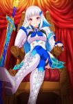  1girl absurdres boots commentary_request crossed_legs hair_ornament highres lize_helesta long_hair looking_at_viewer multicolored_hair nijisanji pink_eyes silver_hair sitting solo sword thighhighs throne two-tone_hair virtual_youtuber weapon 