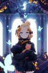  1girl abigail_williams_(fate/grand_order) absurdres backlighting bandaid_on_forehead bangs black_bow black_jacket blonde_hair blue_eyes blush bow breasts bug butterfly closed_mouth crossed_bandaids fate/grand_order fate_(series) forehead hair_bow hair_bun heroic_spirit_traveling_outfit high_collar highres holding holding_stuffed_animal insect jacket keyhole long_hair long_sleeves looking_at_viewer multiple_bows object_hug oni22 orange_belt orange_bow parted_bangs polka_dot polka_dot_bow sleeves_past_fingers sleeves_past_wrists smile solo stuffed_animal stuffed_toy teddy_bear tentacles 