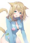  1girl :d absurdres animal_ears bangs blonde_hair blue_dress blue_eyes blush breasts cat_ears cat_tail china_dress chinese_clothes cleavage cleavage_cutout dated dress eyebrows_visible_through_hair facial_mark final_fantasy final_fantasy_xiv hair_between_eyes highres long_hair long_sleeves medium_breasts miqo&#039;te open_mouth shiny shiny_hair short_dress signature simple_background slit_pupils smile solo tail white_background yana_mori 