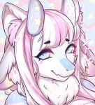  &lt;3 2019 anthro blue_eyes blush digital_media_(artwork) dragon female fur furred_dragon hair happy horn icon inkbuns looking_at_viewer pattern_background polestar portrait simple_background smile solo toony 