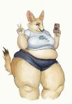  2020 anthro belly big_belly bottomwear canid canine cellphone cettus clothed clothing female fennec fox gesture hi_res hotpants mammal obese overweight overweight_female phone shorts thick_thighs v_sign 