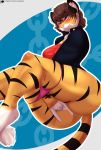  abstract_background absurd_res anthro breasts butt clothed clothing felid female fingering hi_res mammal pantherine skylosminkan solo text tiger url vaginal vaginal_fingering 