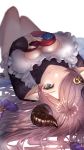  apron bangs blue_eyes bow box_of_chocolates braid breasts cleavage cleavage_cutout draph dress frilled_apron frills granblue_fantasy hair_bow hair_ornament hair_over_one_eye heart heart-shaped_pupils heart_hair_ornament highres horns ikusaneko lavender_hair long_hair looking_at_viewer lying narmaya_(granblue_fantasy) on_back sweater sweater_dress symbol-shaped_pupils valentine white_apron white_background 